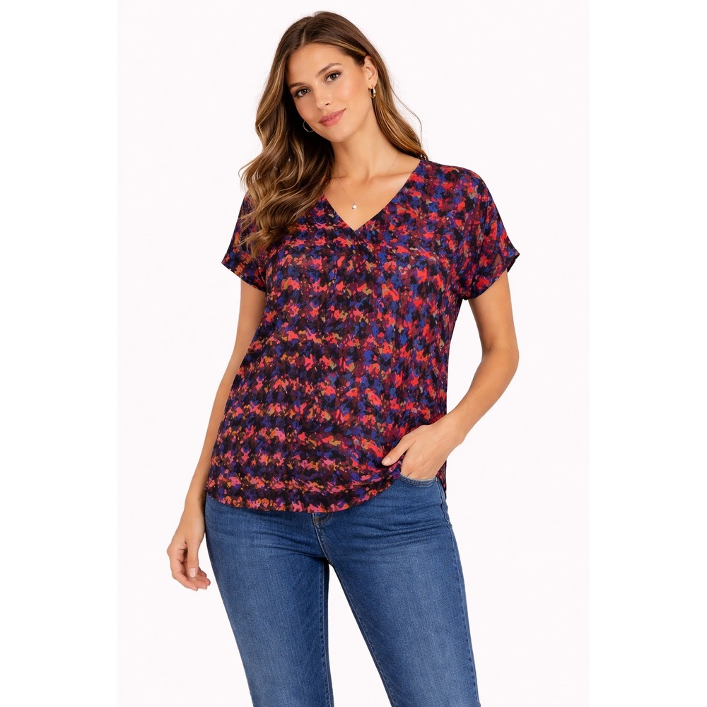 Cabi Womens Multicolor Abstract Print V-Neck Short Sleeve Blouse Top Medium